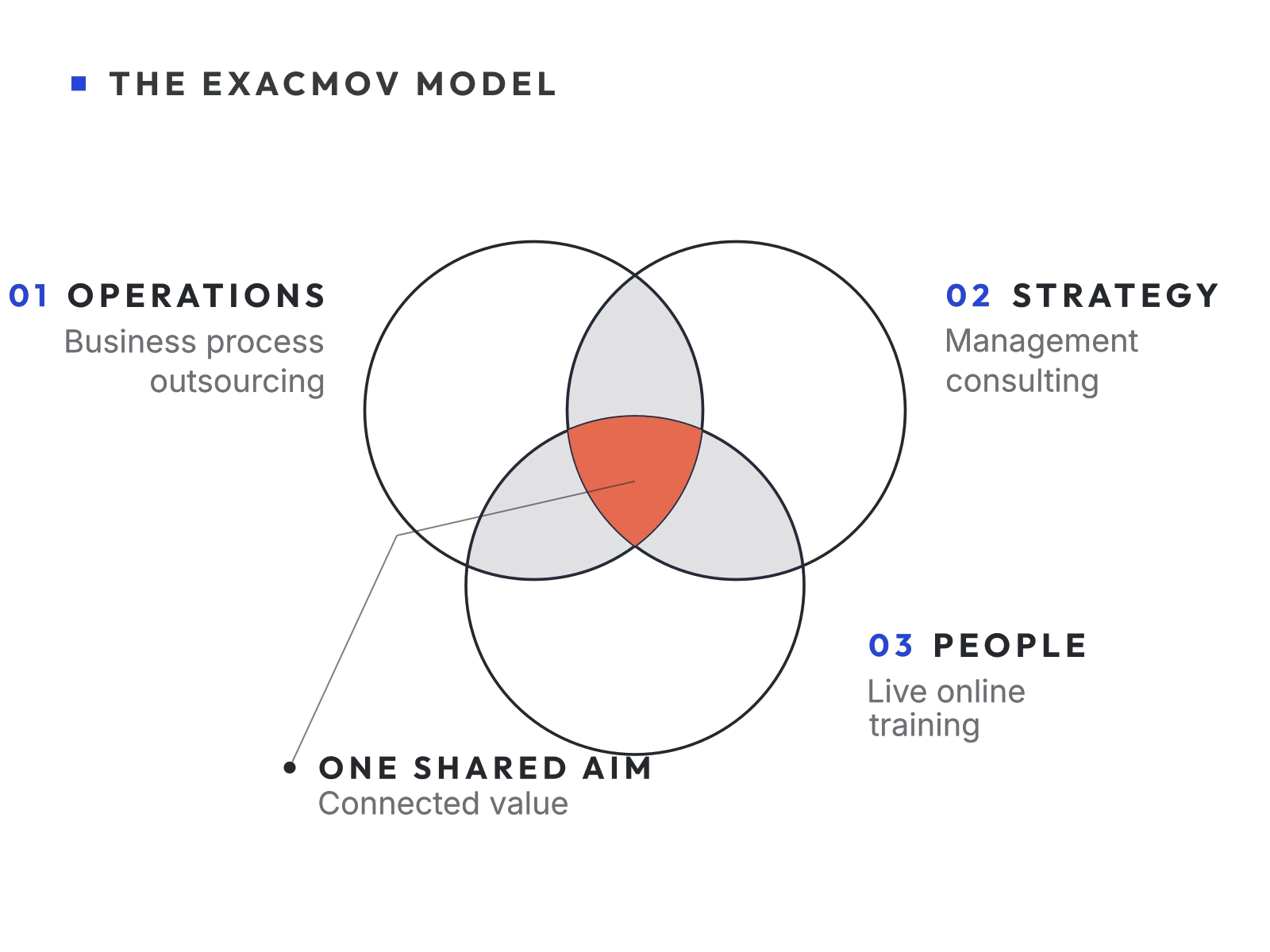Abstract diagram of three interlocking circles for operations, strategy and people, overlapping in a coral centre labelled one shared aim.